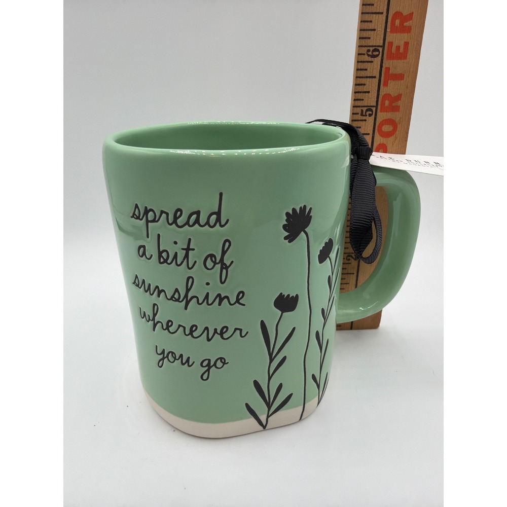 Rae Dunn Spread a Bit of Sunshine Wherever You Go Green Floral Mug NWT